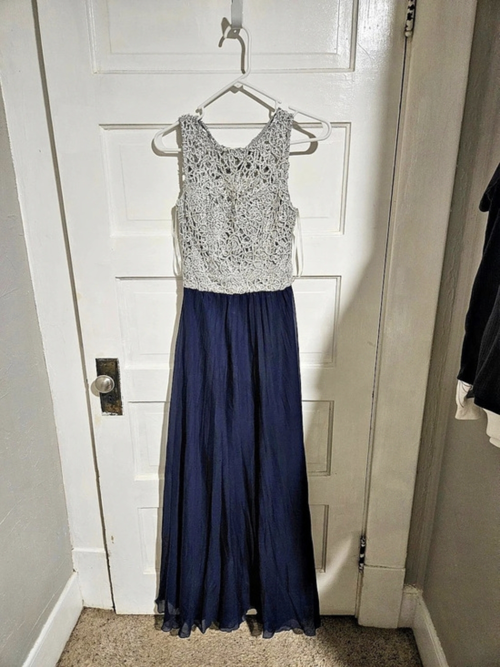 B. Darlin Navy Silver Metallic Lace Pleated Chiffon Formal Gown Blue & Silver 3/